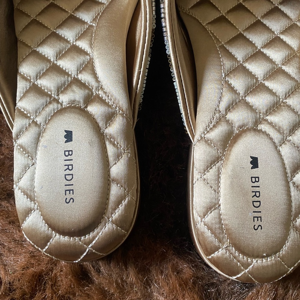 Birdies The Swan Gold White Champagne Chevron Holiday Almond Toe Mules size 7 - Picture 9 of 10